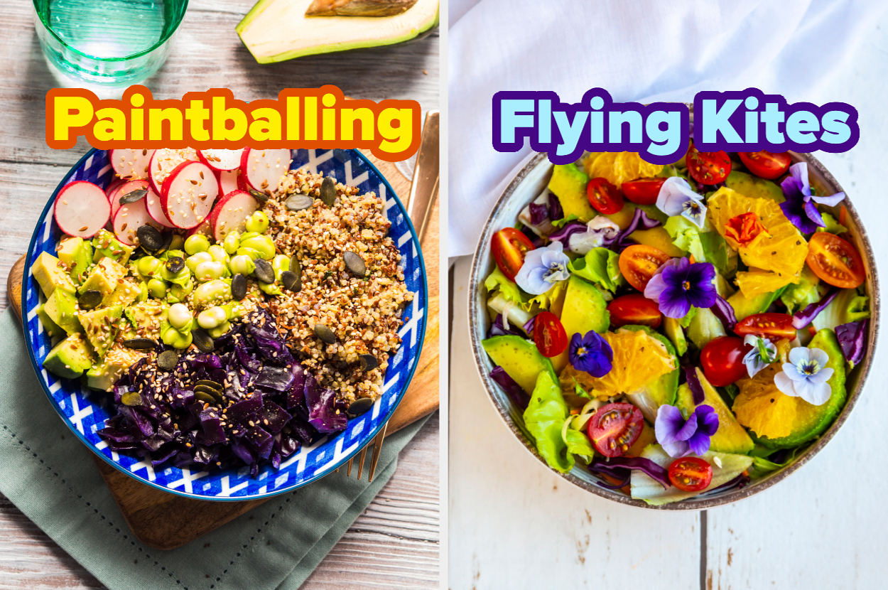 Two bowls of vibrant salads. The left bowl is labeled "Paintballing," and the right bowl is labeled "Flying Kites."