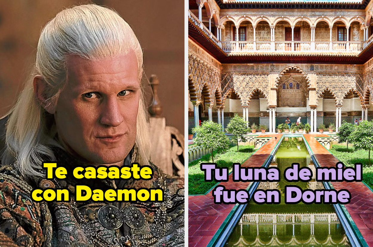 Matt Smith como Daemon Targaryen a la izquierda, un palacio de Dorne a la derecha. Texto: "Te casaste con Daemon" y "Tu luna de miel fue en Dorne"