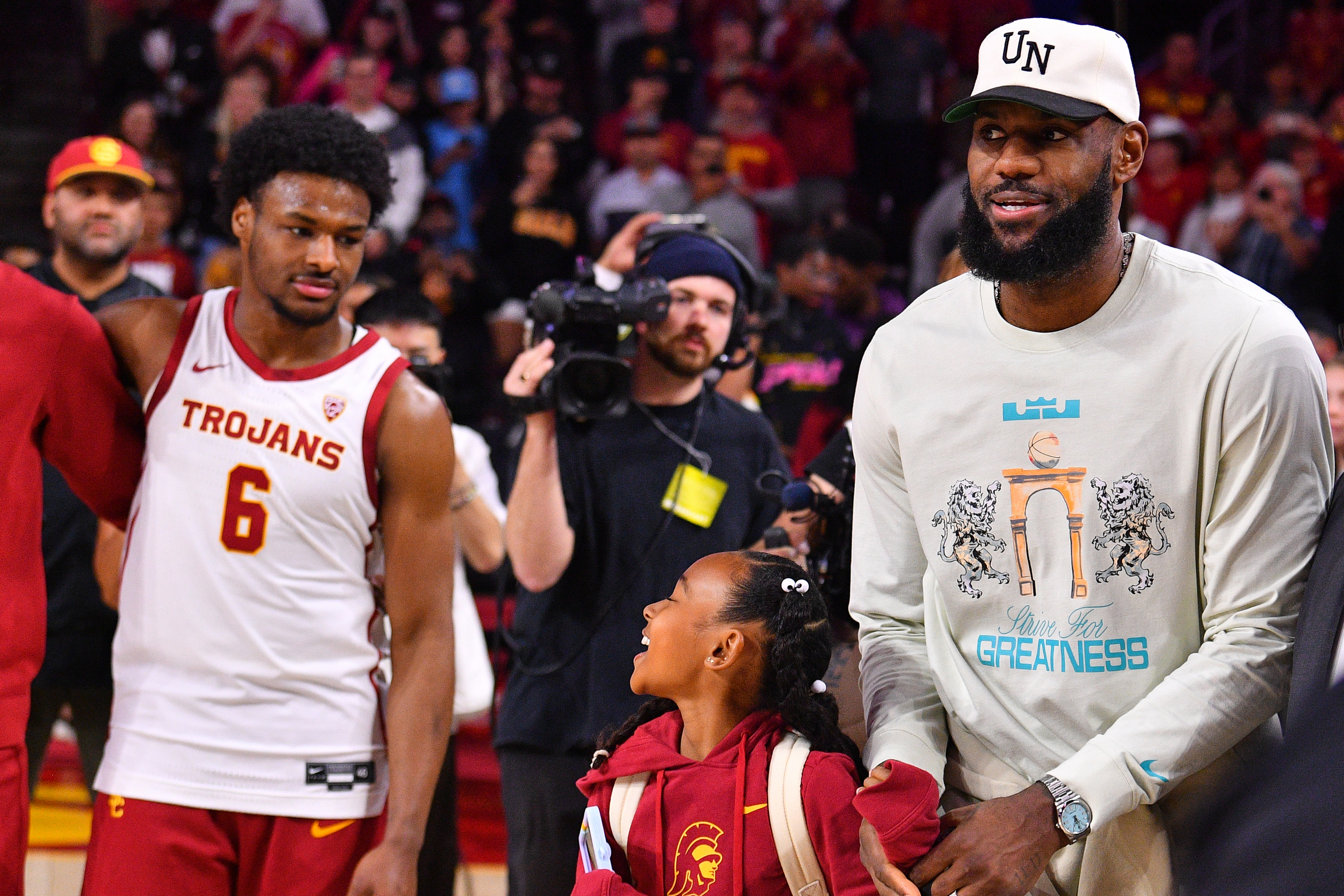 LeBron James Bronny James in a USC basketball uniform.