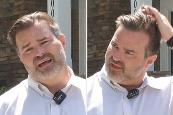 Two photos of a man with graying hair, wearing a white shirt and mic, posing outdoors. Text reads: &ldquo;I asked my Gen Z employee to edit a video for me and she sent this back to me ?.&quot;