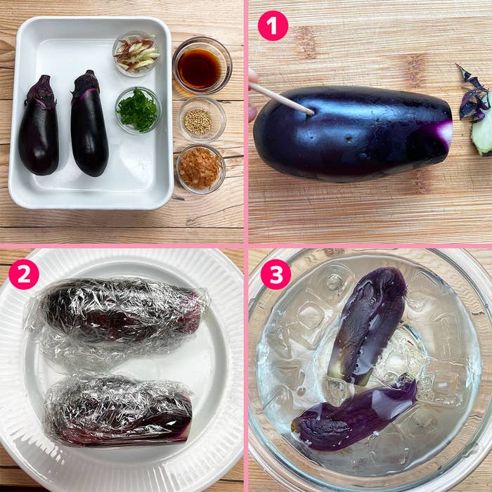 2本のなす、調味料、なすの切込み、ラップに包んだナス、氷水に浸けたナスが順に示された料理手順のコラージュ。