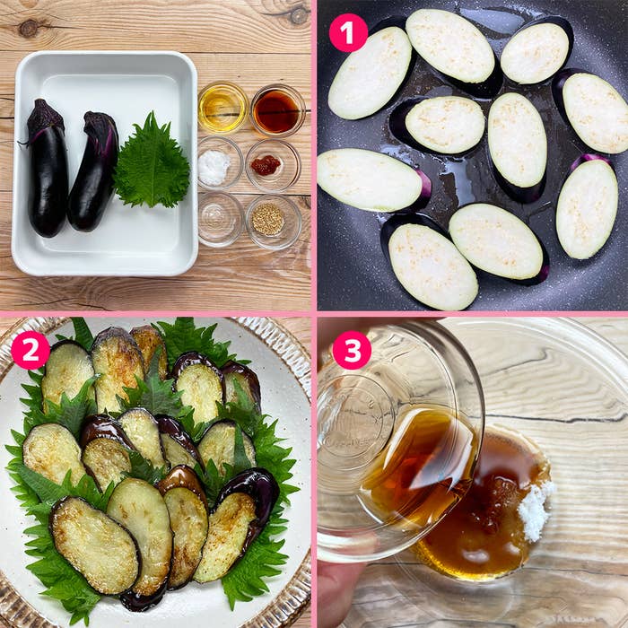 4コマ料理レシピ:1. ナスと調味料を揃える。2. ナスをフライパンで焼く。3. 調味料を混ぜる。