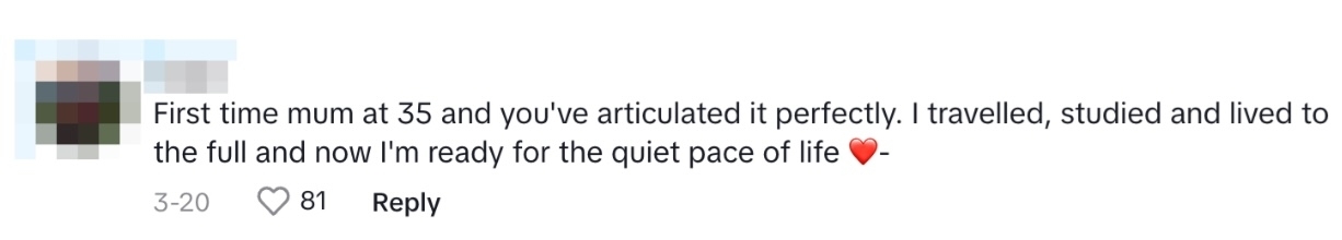 Tiktok comment reads, First time mum at 35 and you've articulated it perfectly. I travelled, studied and lived to the full and now I'm ready for the quiet pace of life