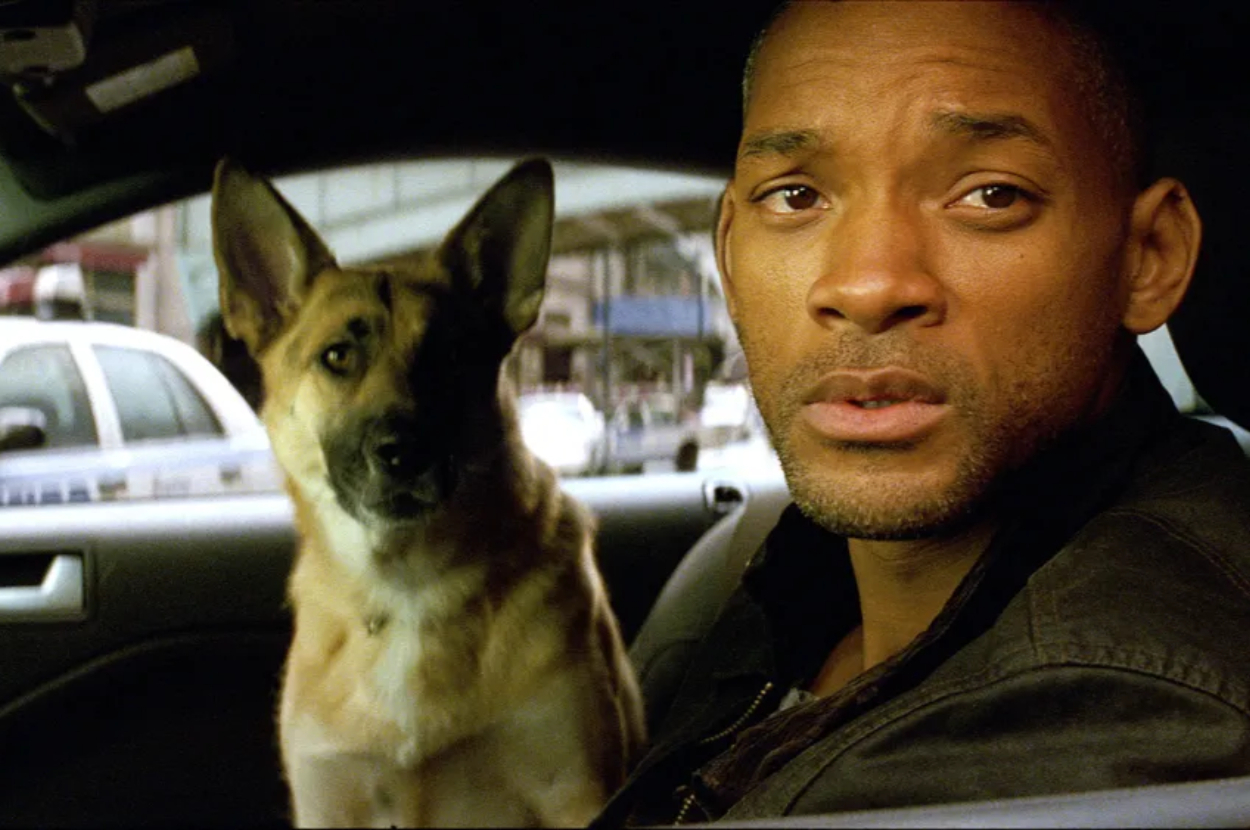 Will Smith and a German Shepherd sit inside a car, looking out of the windows with concerned expressions