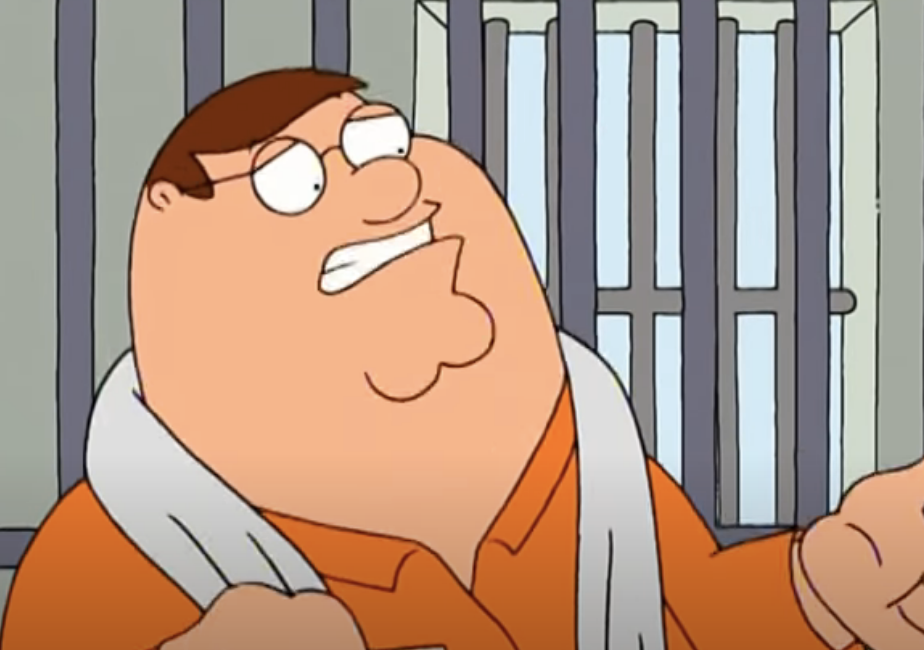 Peter Griffin, an animated character from the TV show Family Guy, wearing an orange prison jumpsuit and a towel around his neck, standing in front of jail bars