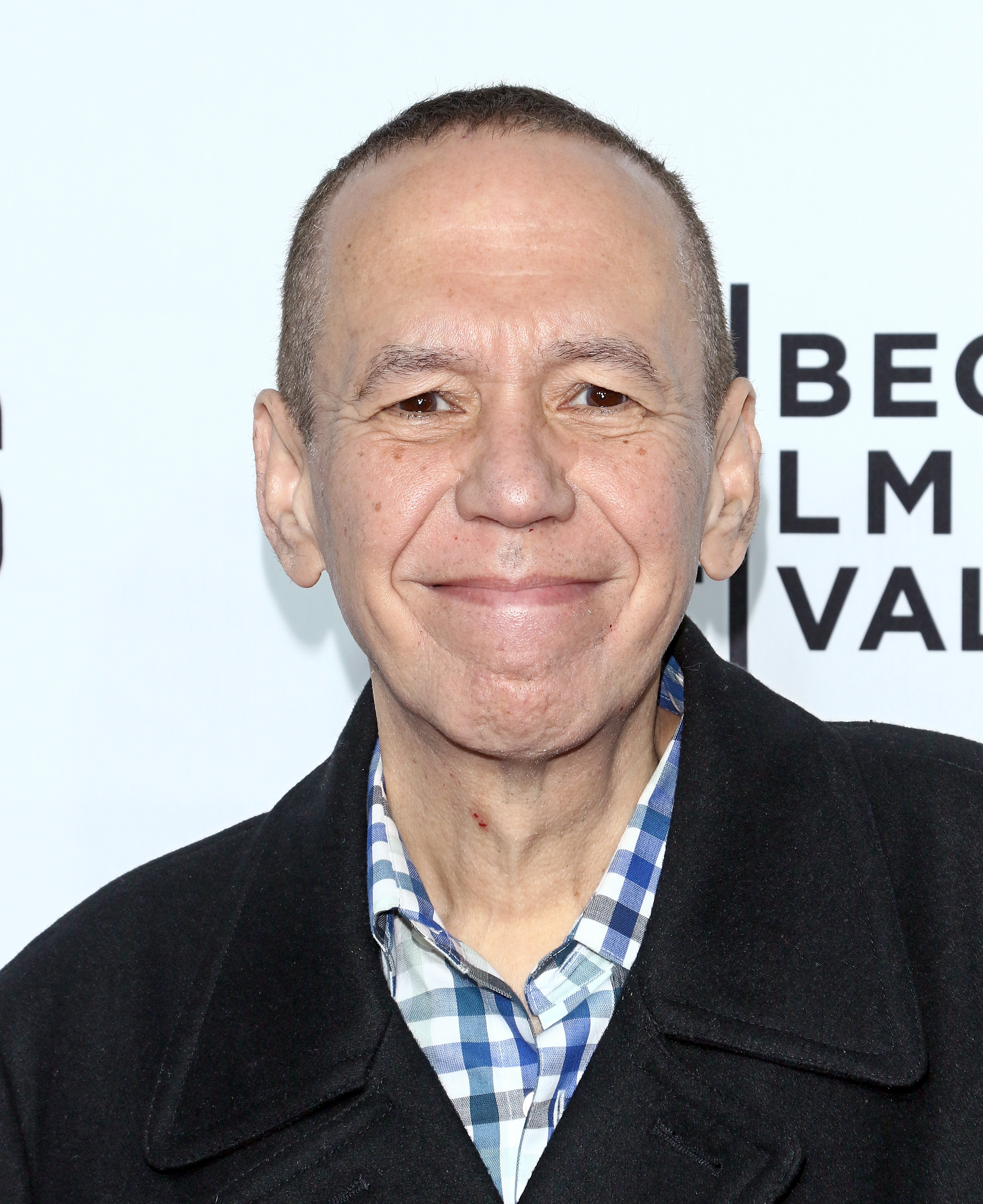 Gilbert Gottfried smiles in front of a backdrop at a Tribeca Film Festival event, wearing a checkered shirt and a dark jacket