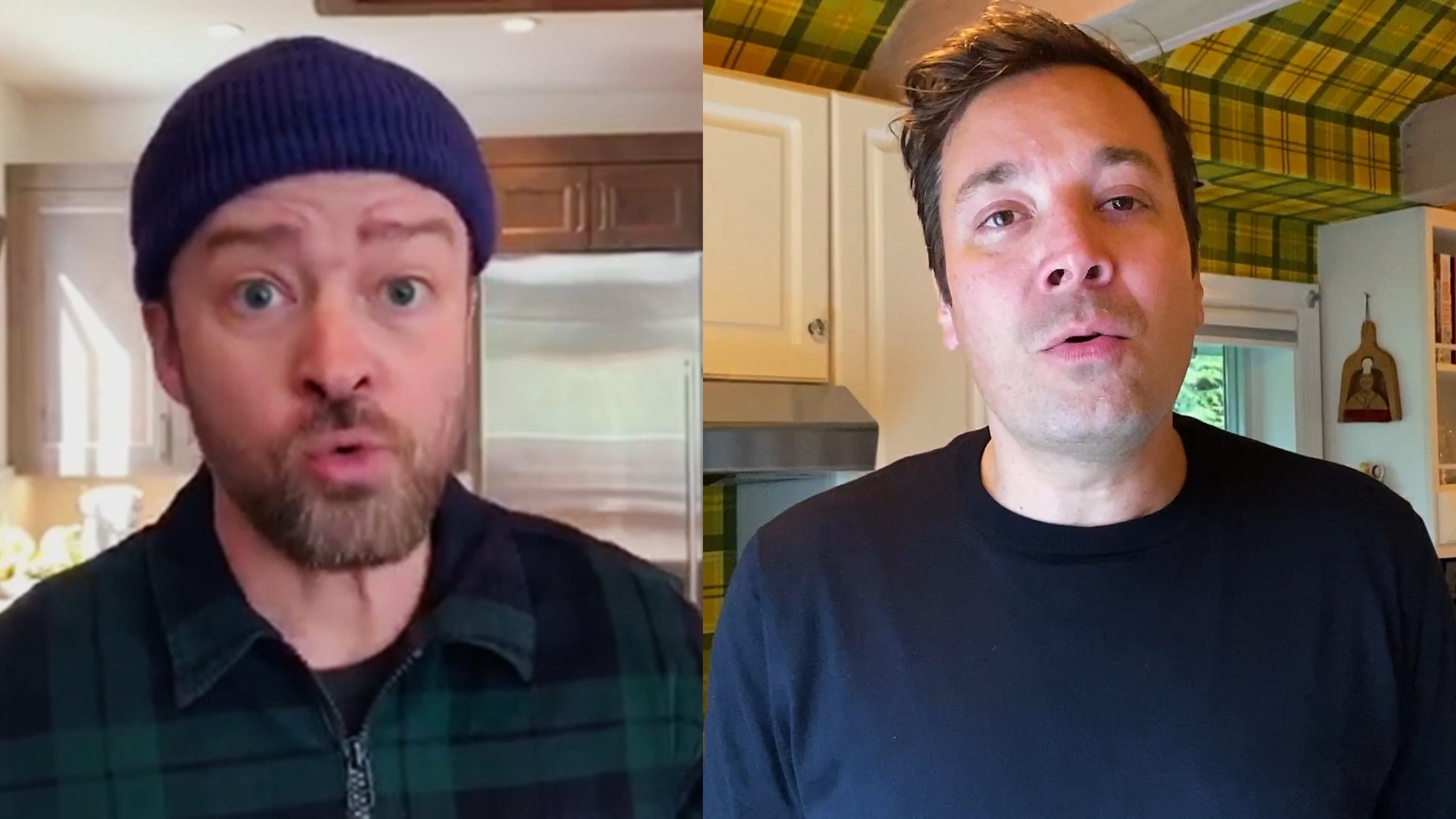 Justin Timberlake in a plaid shirt and beanie, and Jimmy Fallon in a black shirt, appearing in a video call from their respective kitchens