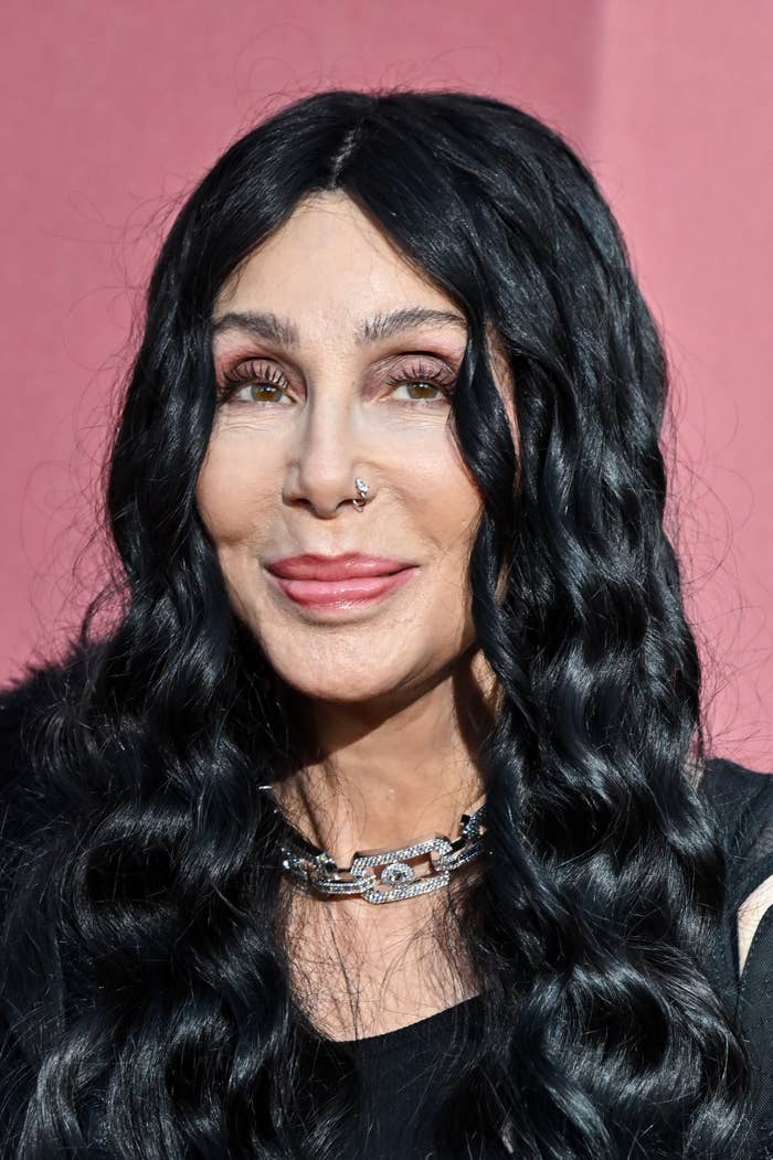 Cher with long, wavy black hair, wearing a black top and layered silver chain necklaces