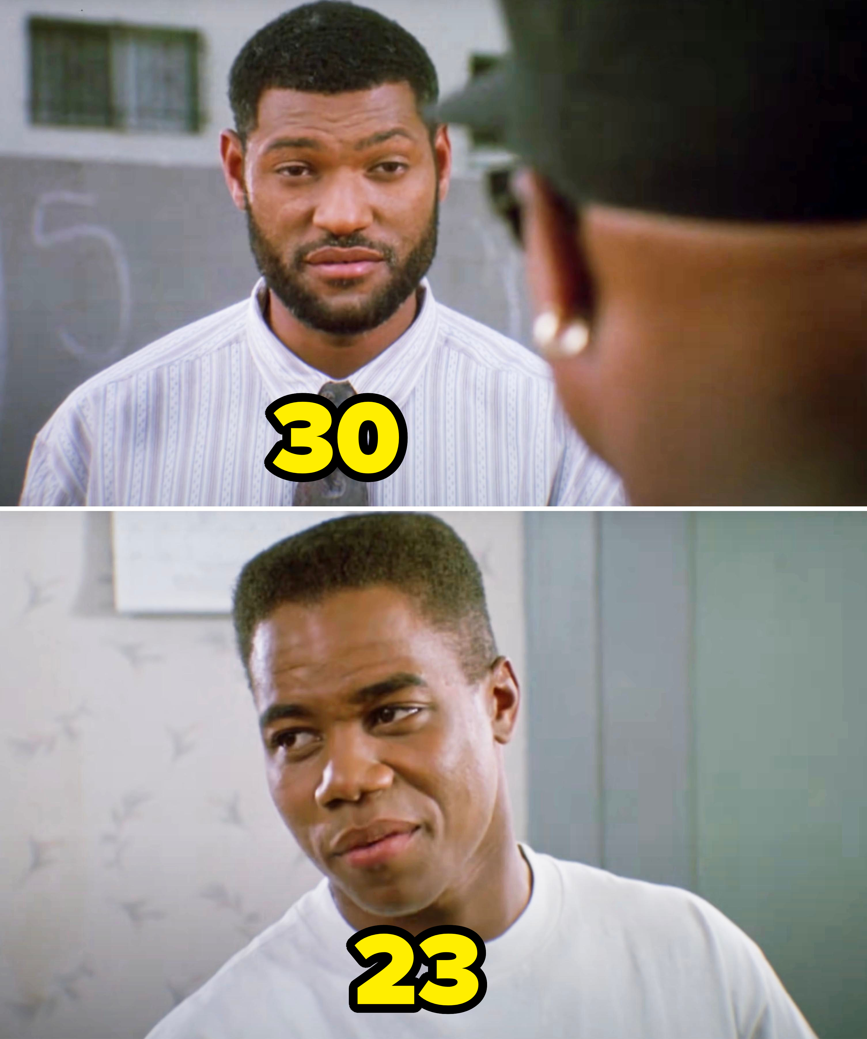 Laurence Fishburne and Cuba Gooding Jr. in a two-scene collage from a TV or movie production. Fishburne wears a striped shirt and tie, Gooding Jr. a plain white T-shirt