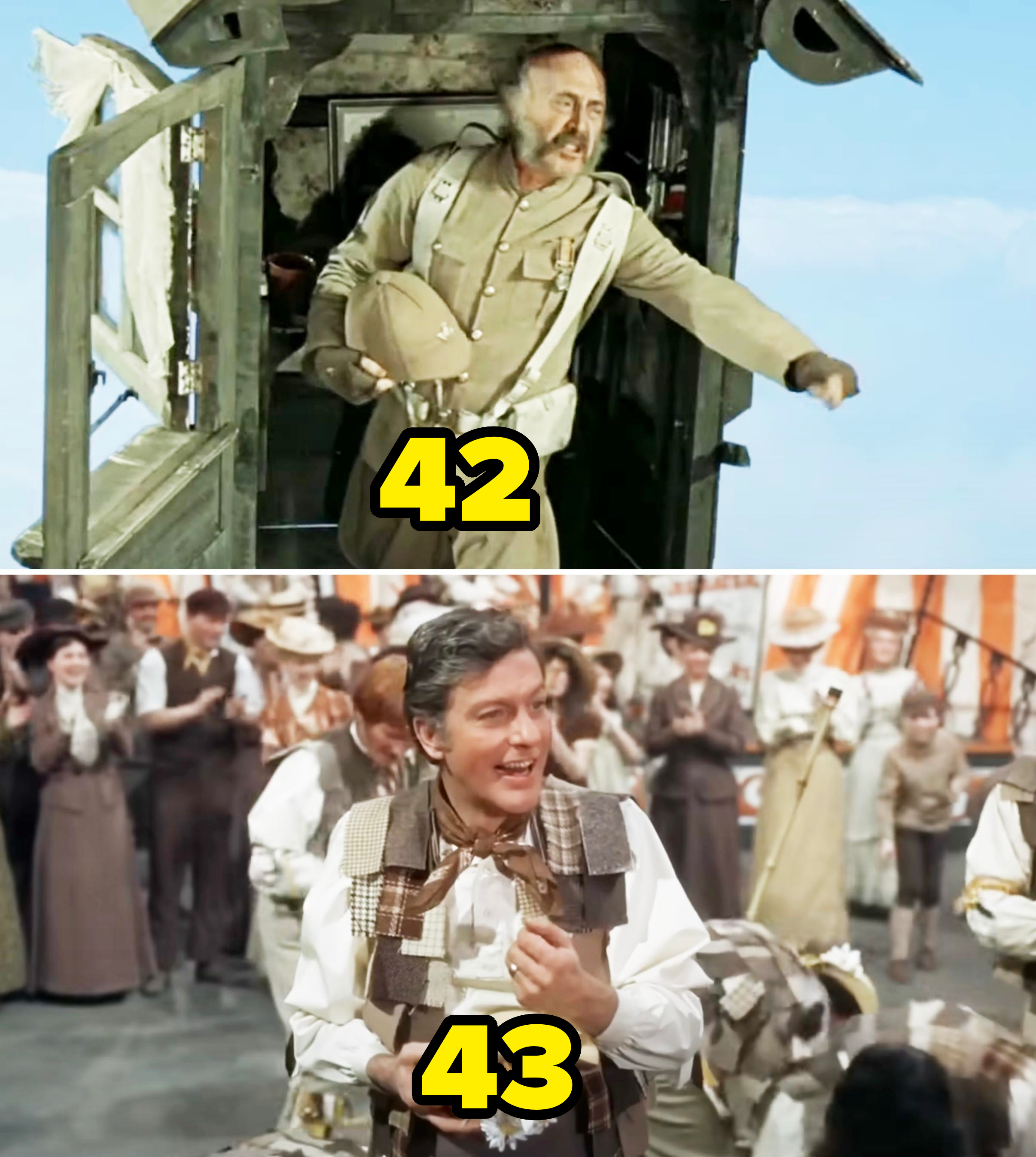 Top: Lionel Jeffries as Grandpa Potts in a vintage military uniform inside a wooden hut. Bottom: Dick Van Dyke as Caractacus Potts in period attire at a festive event