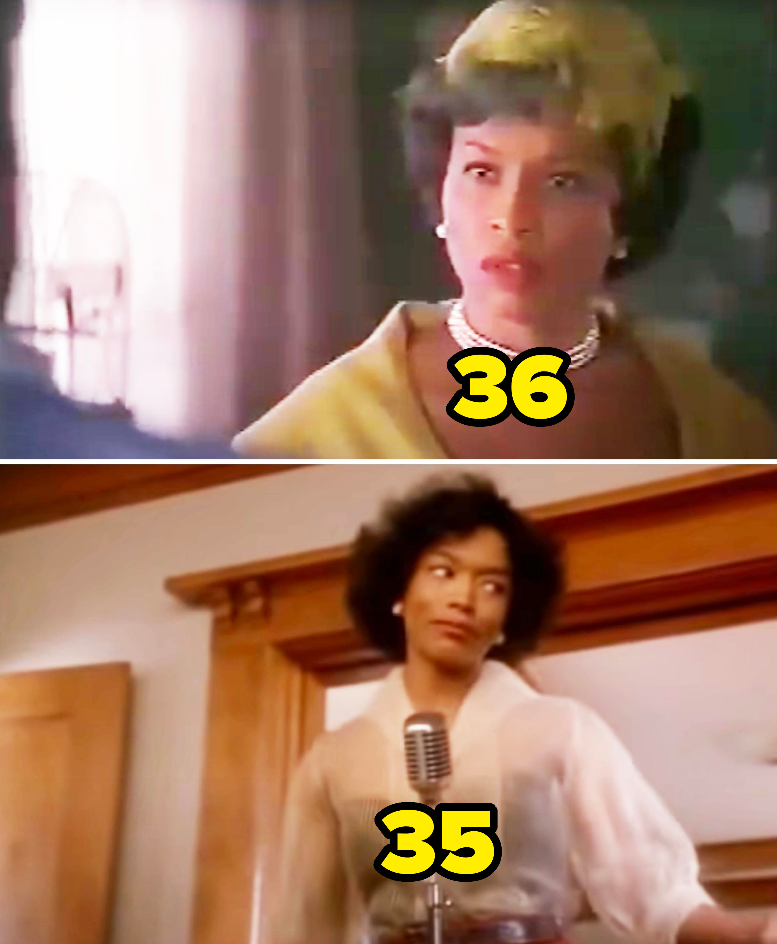 Top: Jenifer Lewis wearing a necklace and stylish blouse, looking intently off-camera. Bottom: Angela Bassett standing at a microphone, dressed in a blouse and belt