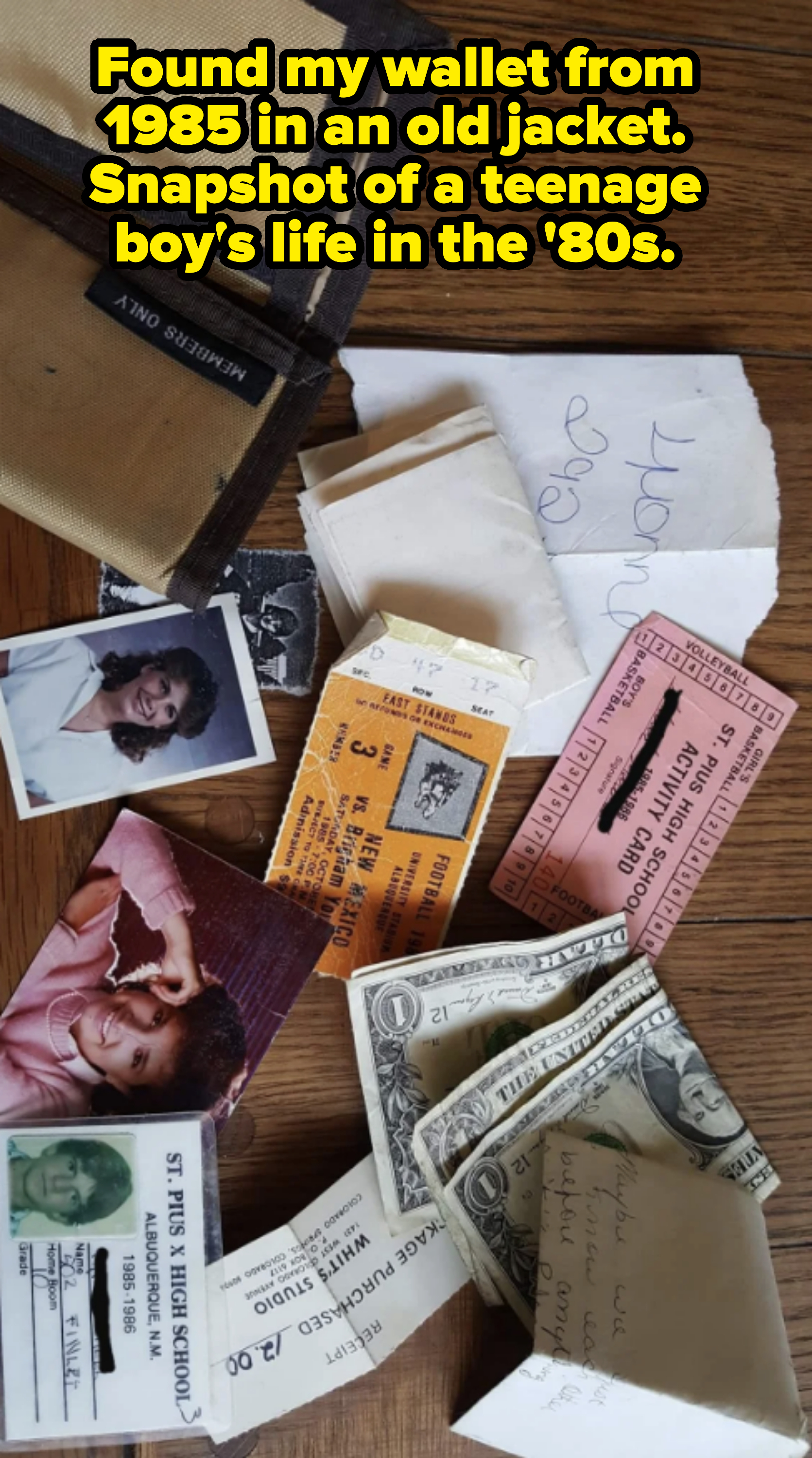 Collection of personal items, including photos, tickets, a note, IDs, receipts, and cash, scattered on a table next to a fabric wallet