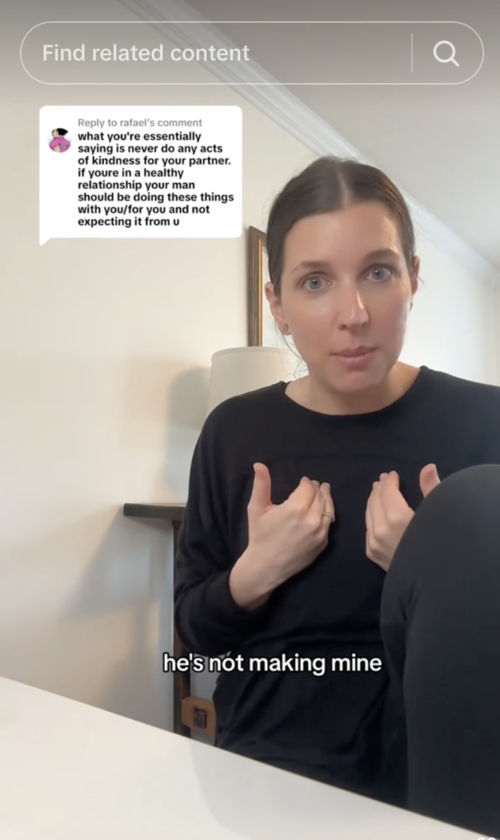 A woman is speaking earnestly in a video. The text on the image summarizes: "In healthy relationships, kindness should be given without expectations."