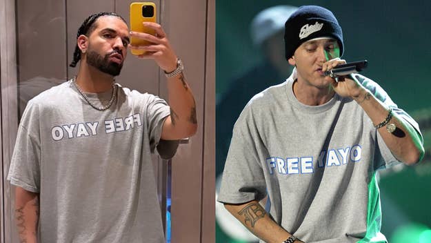 Drake taking a mirror selfie and Eminem performing on stage, both wearing gray "Free Yayo" t-shirts