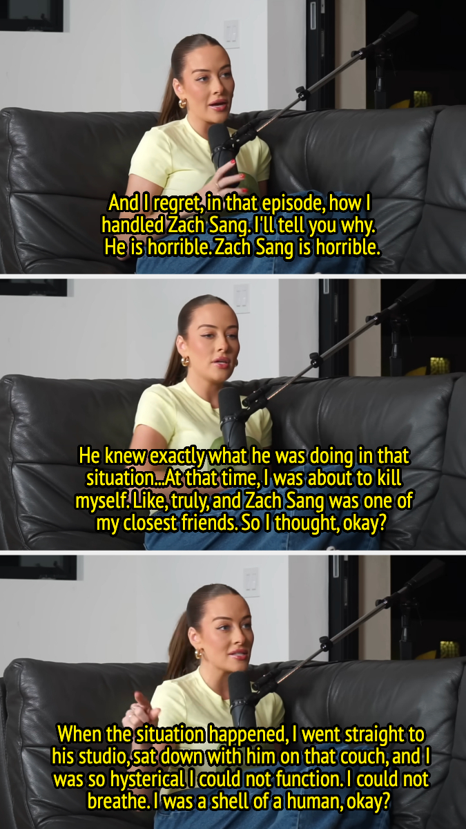 Brooke speaking on a podcast, seated and animatedly gesturing. Text: expressing regret over handling a situation with Zach Sang, feeling overwhelmed and emotionally distressed