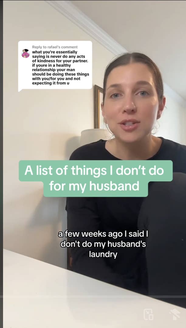 A woman sitting, talking on video with text overlay: "A list of things I don't do for my husband." Captions read: "a few weeks ago I said I don’t do my husband’s laundry."