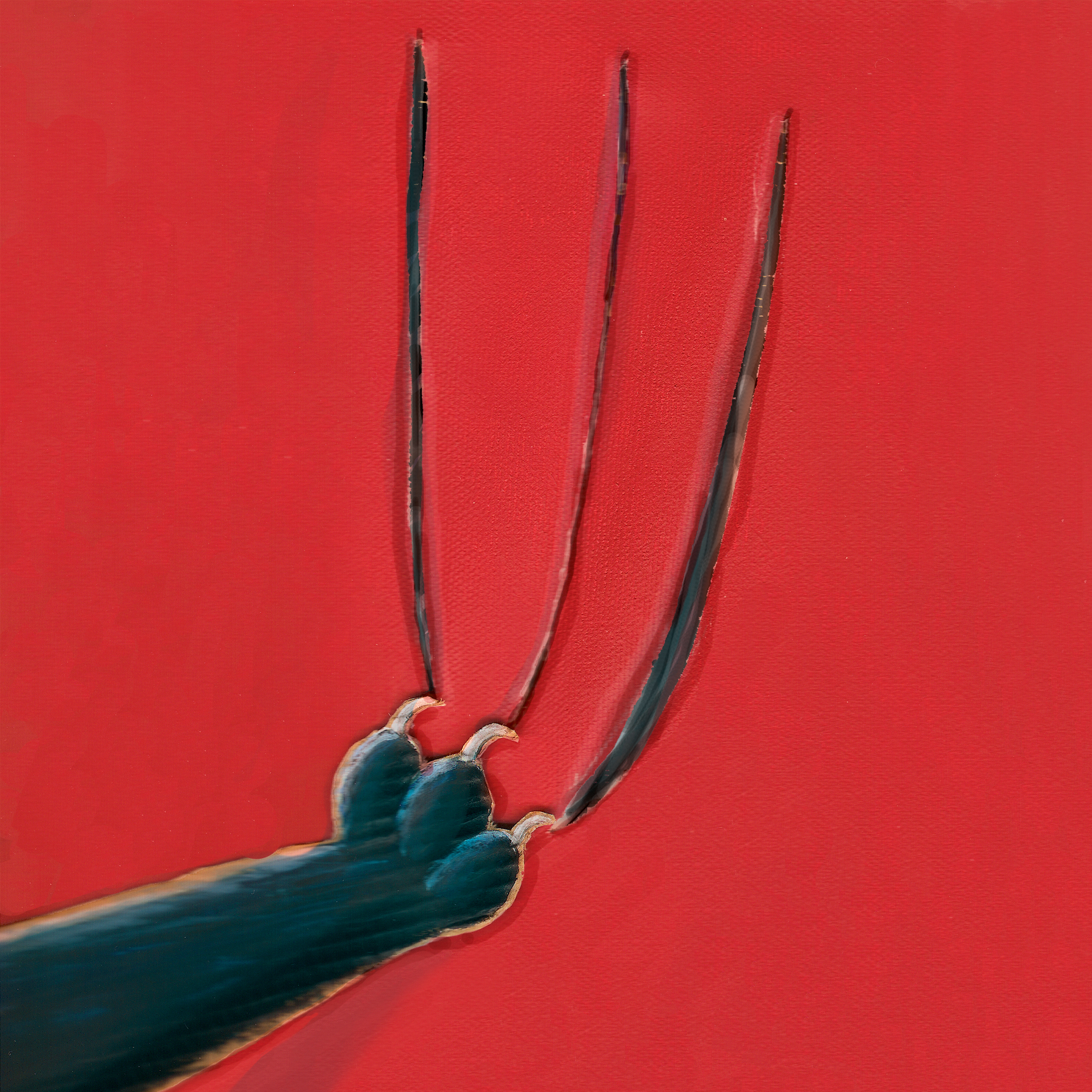 A stylized illustration of a hand with three claws extended against a red background. No persons are in the image