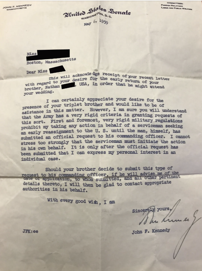 A letter dated May 6, 1959, from John F. Kennedy advising Miss Boston regarding her brother's situation with the U.S. Marine Corps, suggesting appropriate avenues for action