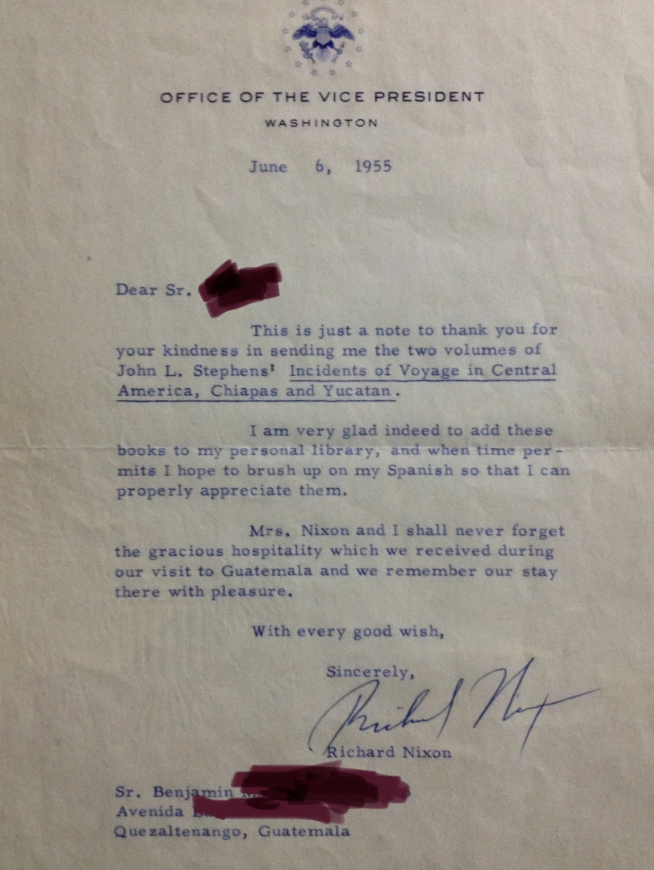 Typed letter dated June 6, 1955, from Vice President Richard Nixon thanking Sr. Benjamín for sending books and discussing future travels to Guatemala and Mexico