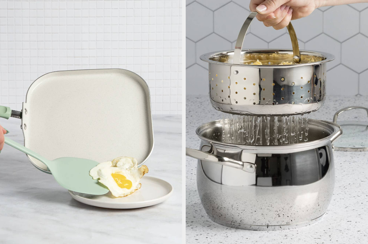 A comparison showing a square pan frying an egg and a hand draining pasta using a colander over a cooking pot