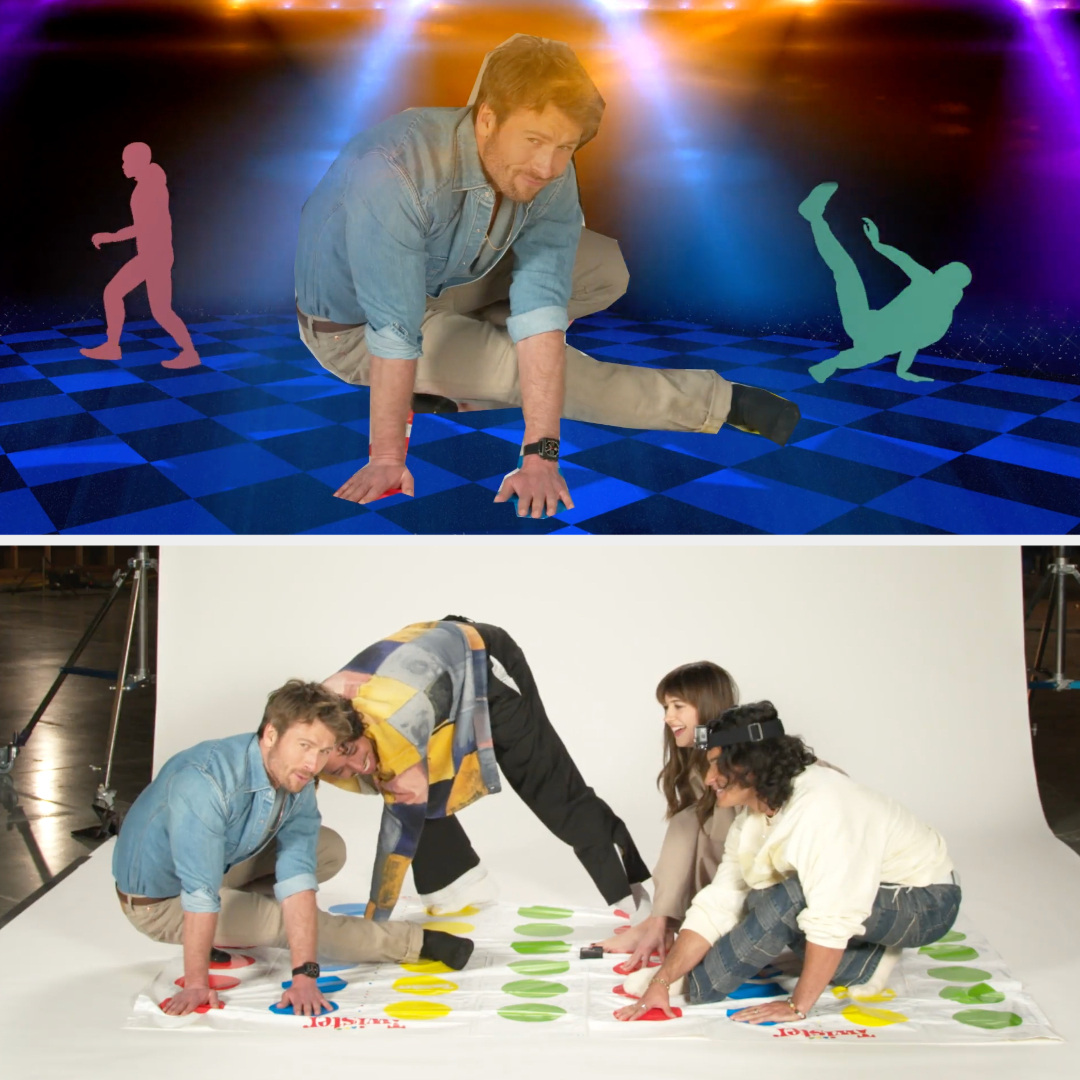 The cast of "Twisters" playing Twister