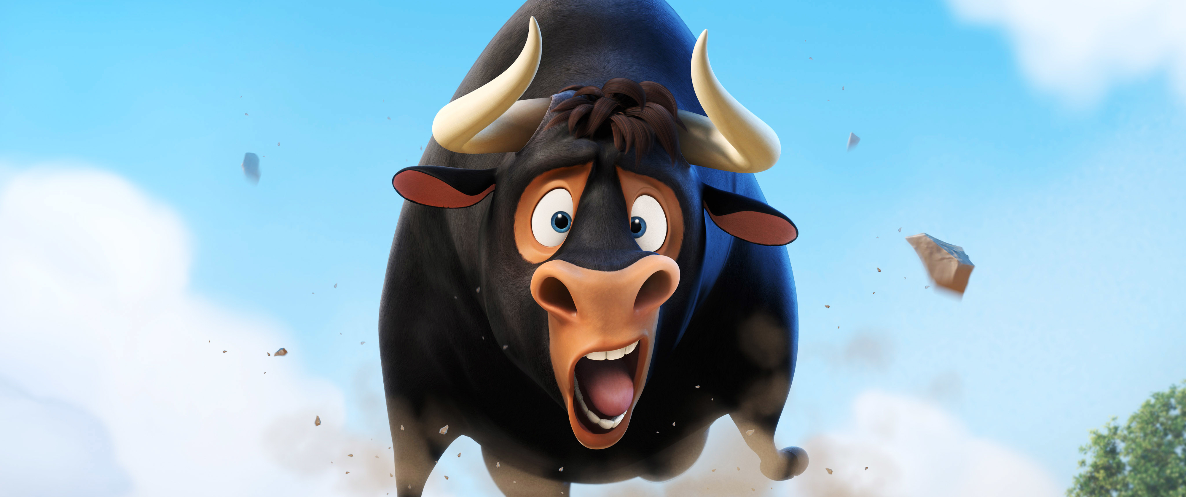 Ferdinand the bull from the animated movie "Ferdinand" is shown mid-jump with a surprised expression on his face, dirt and rocks flying in the background