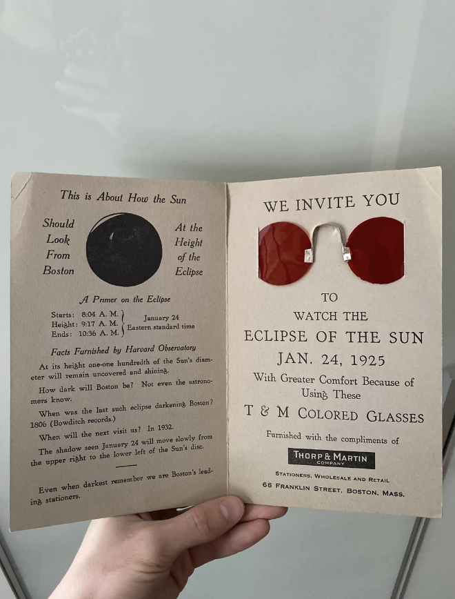 Invitation to view the solar eclipse on Jan. 24, 1925, in Boston, featuring T & M Colored Glasses by Thorpe & Martin. Includes eclipse viewing facts and times