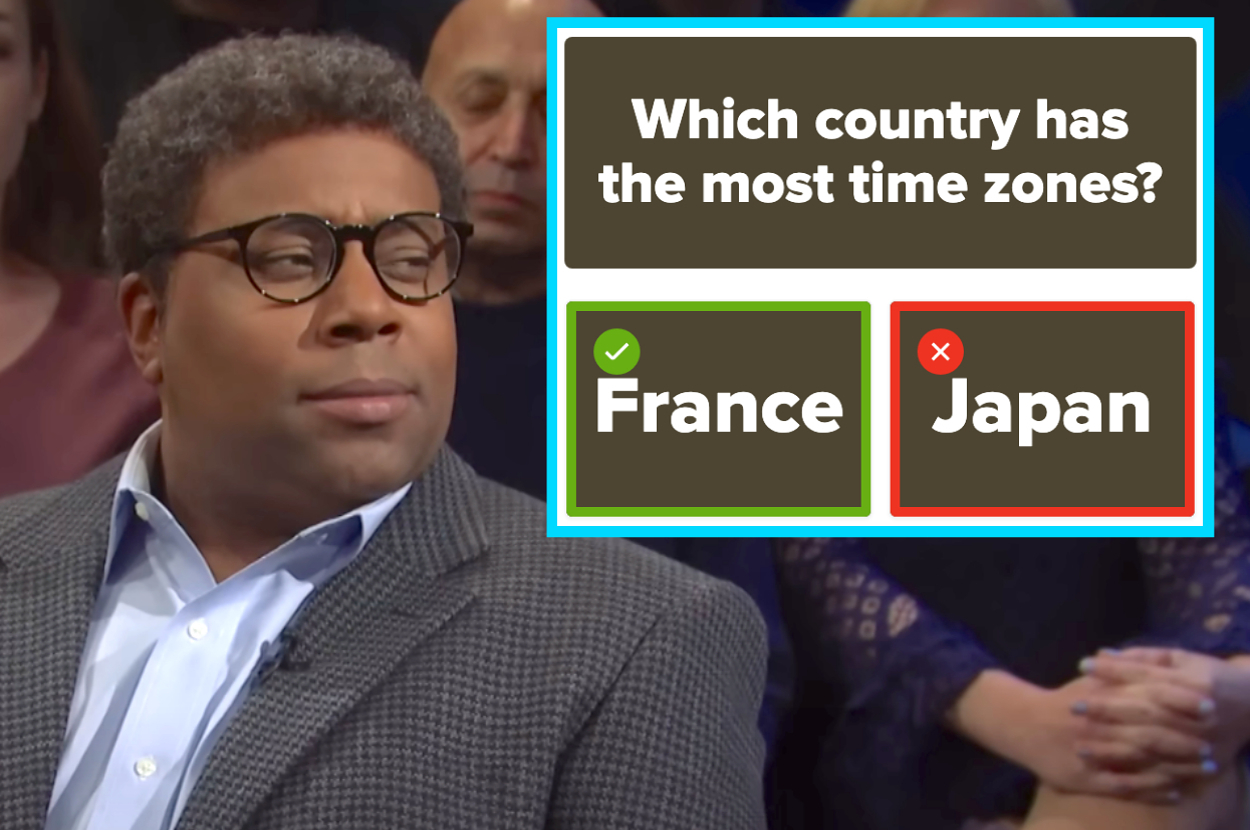 Kenan Thompson furrowing his brows in confusion in an SNL sketch next to a screenshot of the question which country has the most time zones with Japan incorrectly selected as the answer