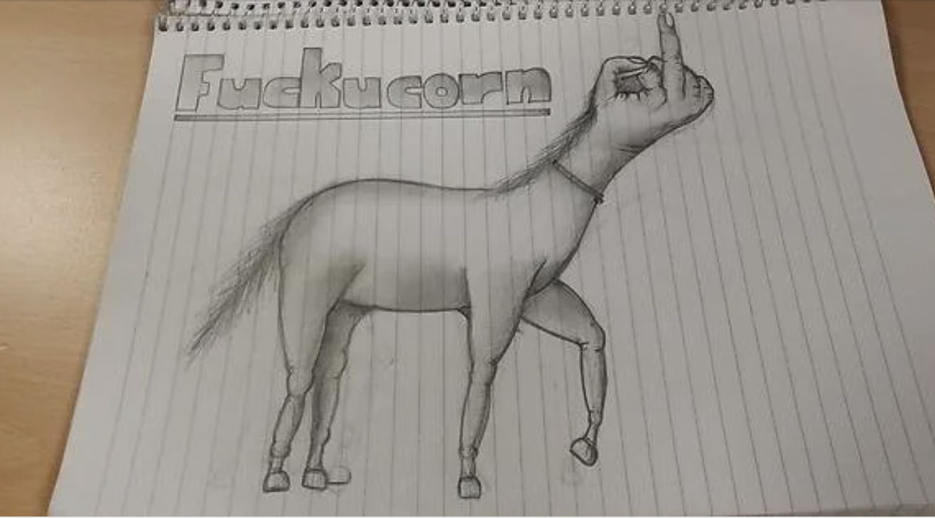Drawing of a horse with a human-like fist replacing its head, raising its middle finger to form a gesture. Text above reads "Fuckucorn."