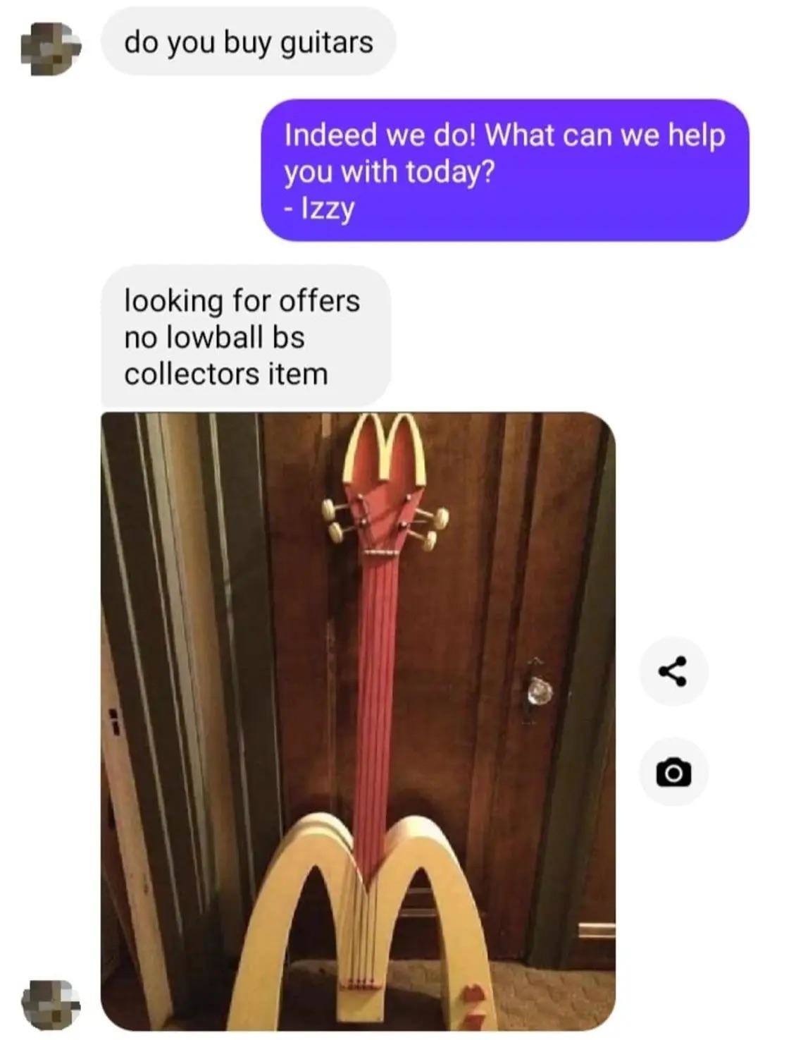 Text message conversation about buying guitars. A person is selling a uniquely crafted guitar with a McDonald's-themed design