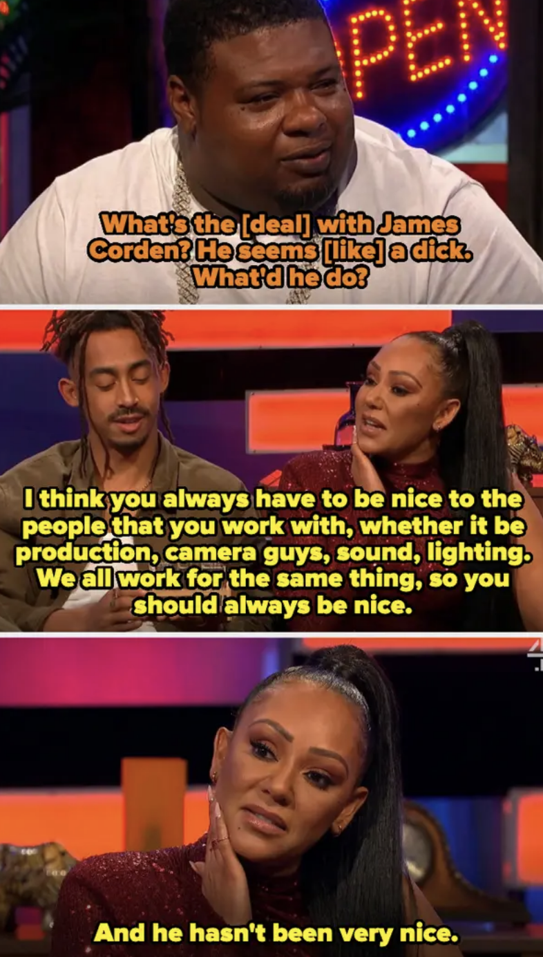 TV show hosts discuss James Corden's behavior. Melanie Brown expresses that Corden has not been nice to people he works with, including production staff