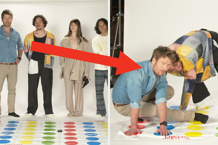 Jason Sudeikis plays Twister with Mustache. Members of Mustache stand together: Jorma Taccone, Akiva Schaffer, and unknown woman