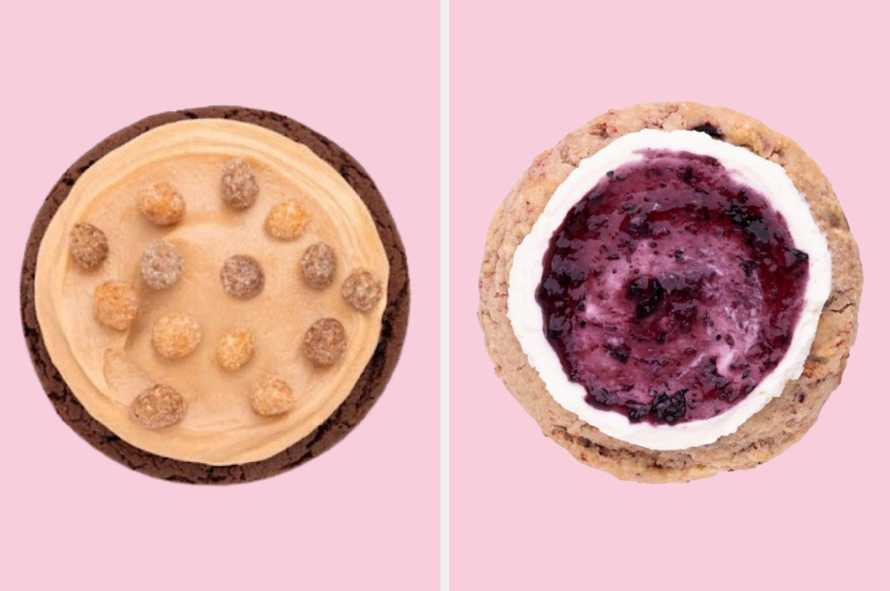 Two cookies: left cookie with peanut butter frosting and cereal balls, right cookie with cream cheese frosting and blueberry jam