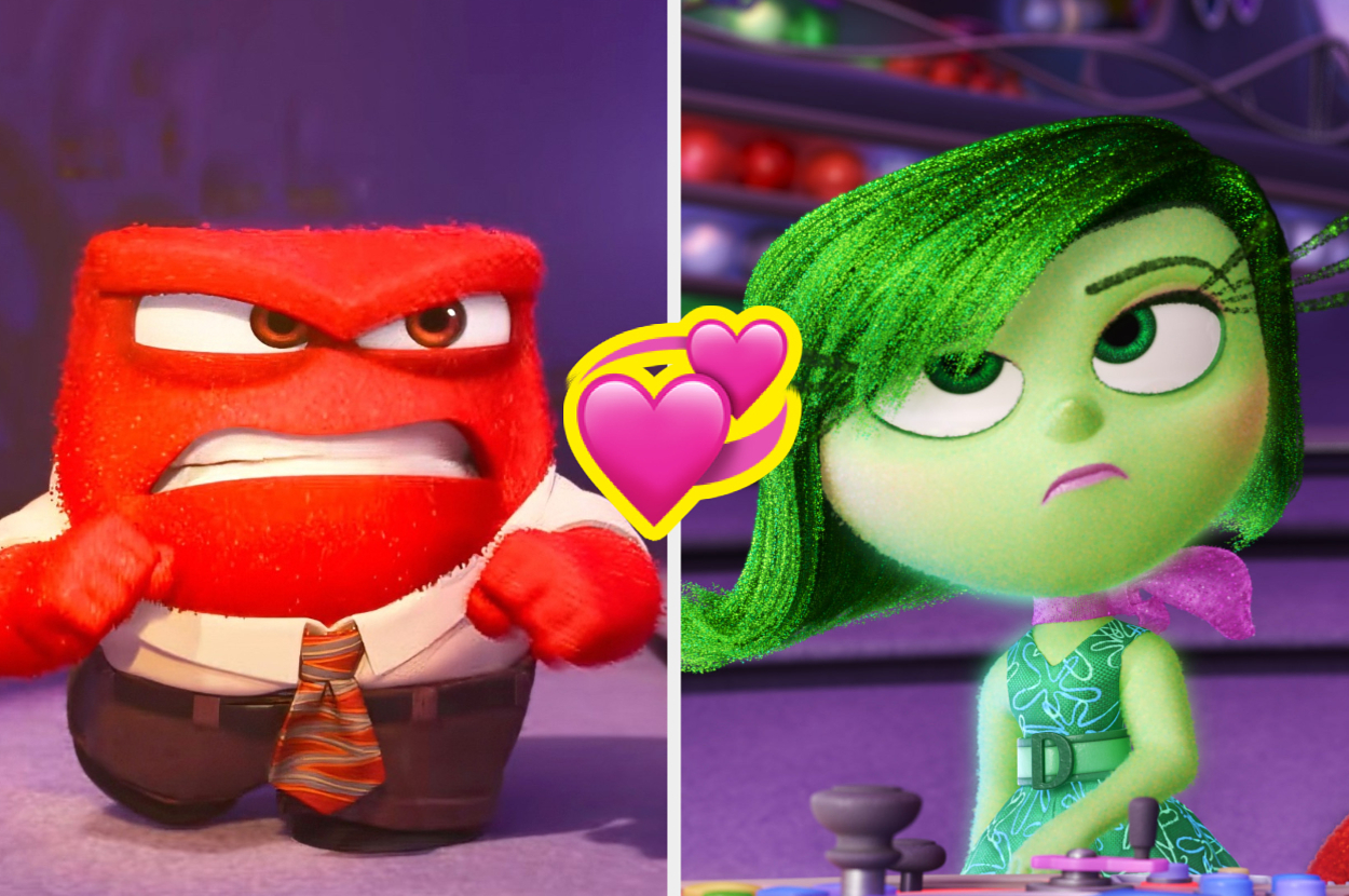 Anger and Disgust from Inside Out are shown side by side. Anger looks furious, while Disgust appears unimpressed. A heart emoji connects them