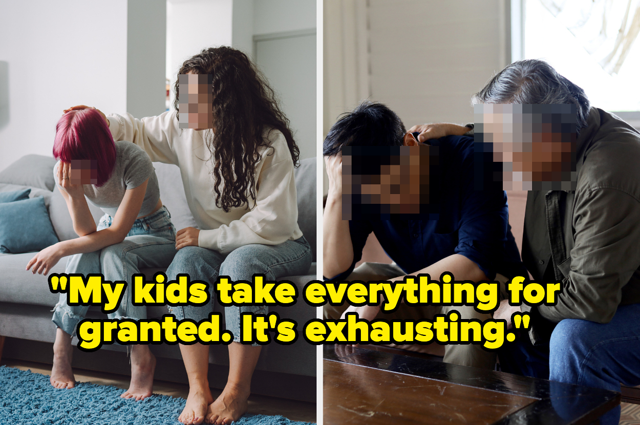 Two images: On the left, a woman comforts a sad daughter; on the right, a man consoles a distressed young man; text: "My kids take everything for granted; it's exhausting"