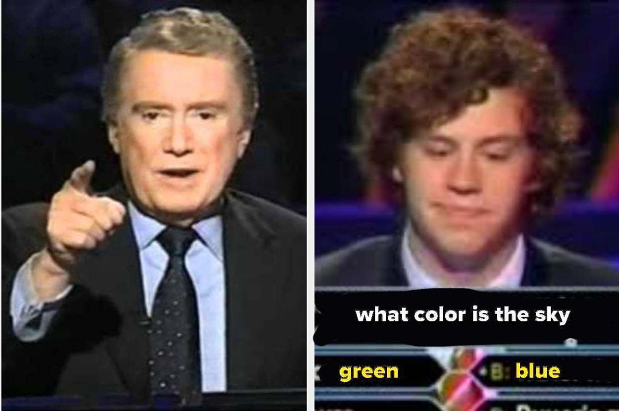 Regis Philbin points while a contestant considers the question "What color is the sky?" with options "green" and "blue."