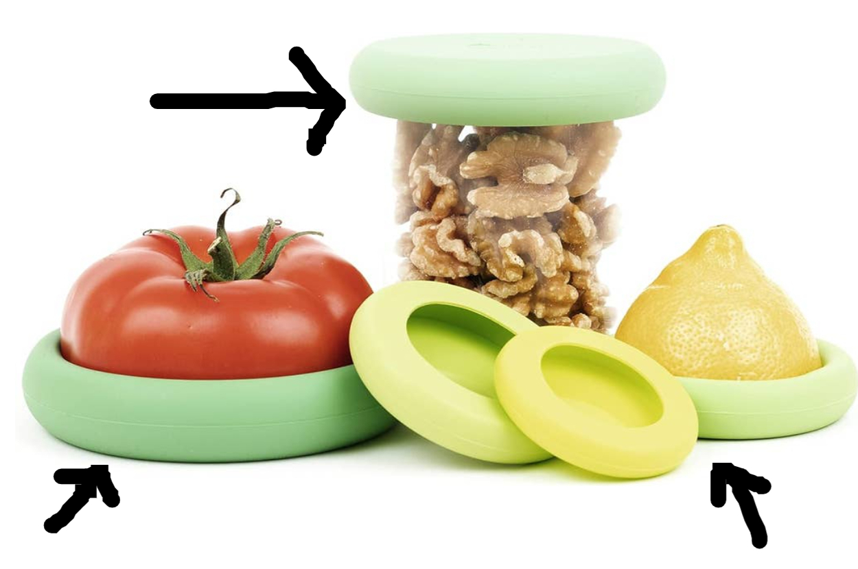 Reusable, flexible food covers shown sealing a tomato, walnut halves in a glass jar, and a lemon. Additional covers are displayed