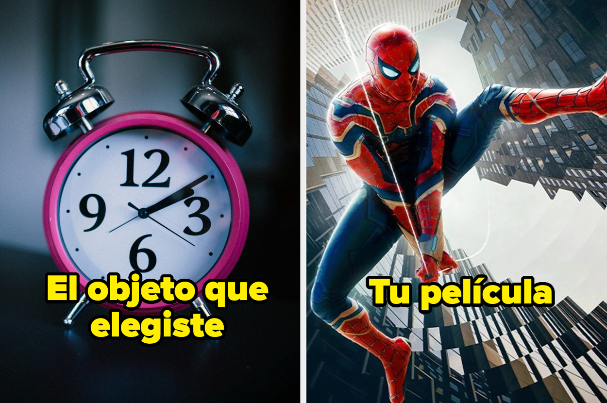 A la izquierda, un reloj despertador y el texto "El objeto que elegiste". A la derecha, Spiderman colgando de un edificio y el texto "Tu película"