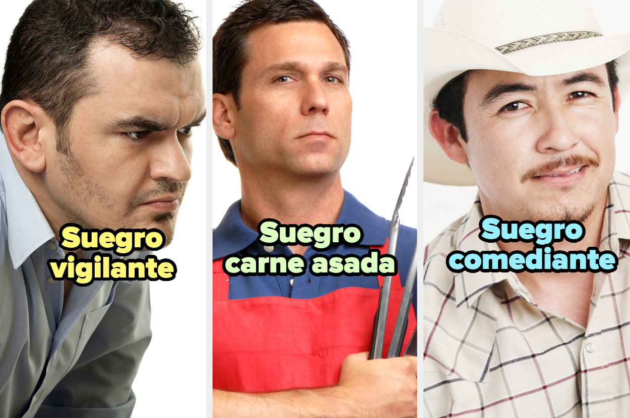 Tres hombres retratados con el texto: "Suegro vigilante", "Suegro carne asada" y "Suegro comediante"