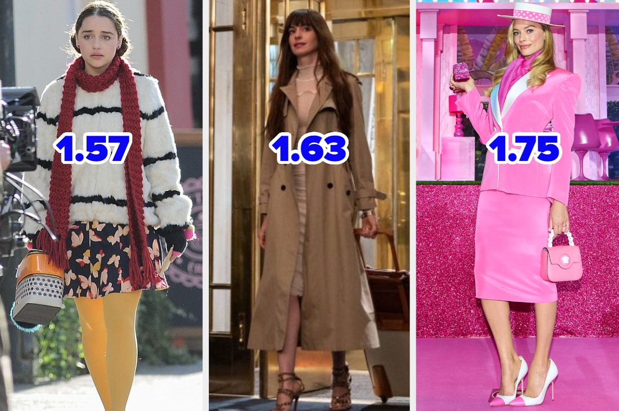 De izquierda a derecha: Kim Kardashian con ropa de invierno y bufanda roja, Elsa de Frozen con vestido de trinchera, actriz en traje rosa y sombrero con tacones