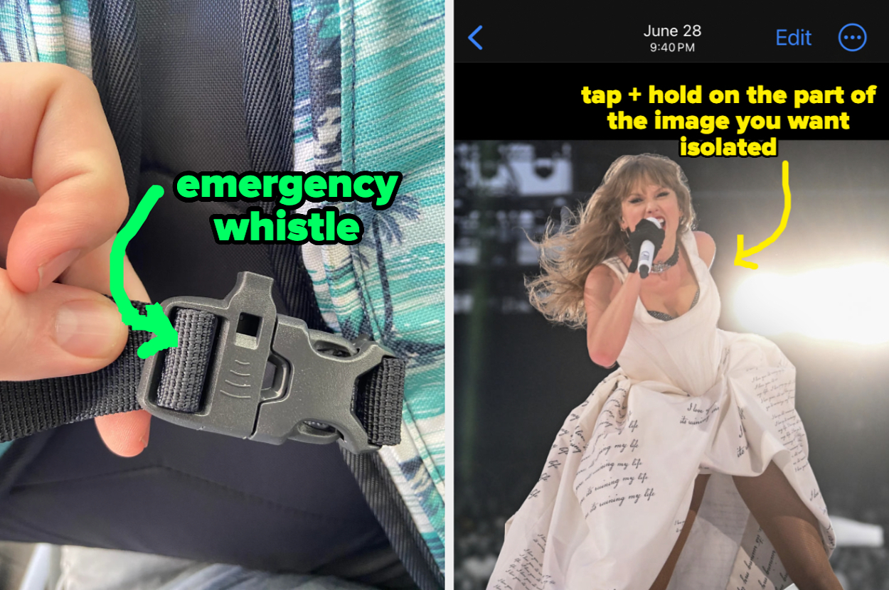 Left side: Close-up of an emergency whistle on a backpack strap. Right side: Taylor Swift performing on stage, instructions to tap and hold to isolate an image