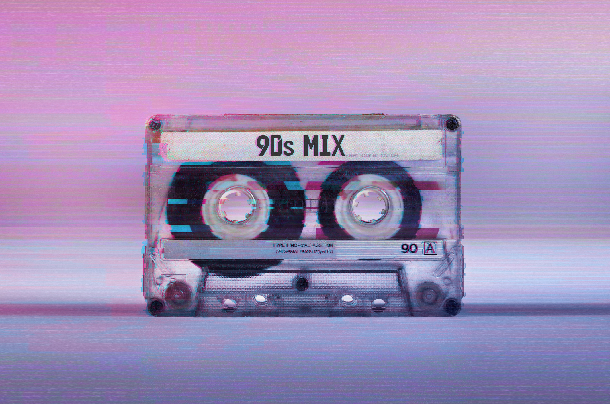 A transparent cassette tape labeled &quot;90s MIX&quot; against a slightly blurred, gradient background