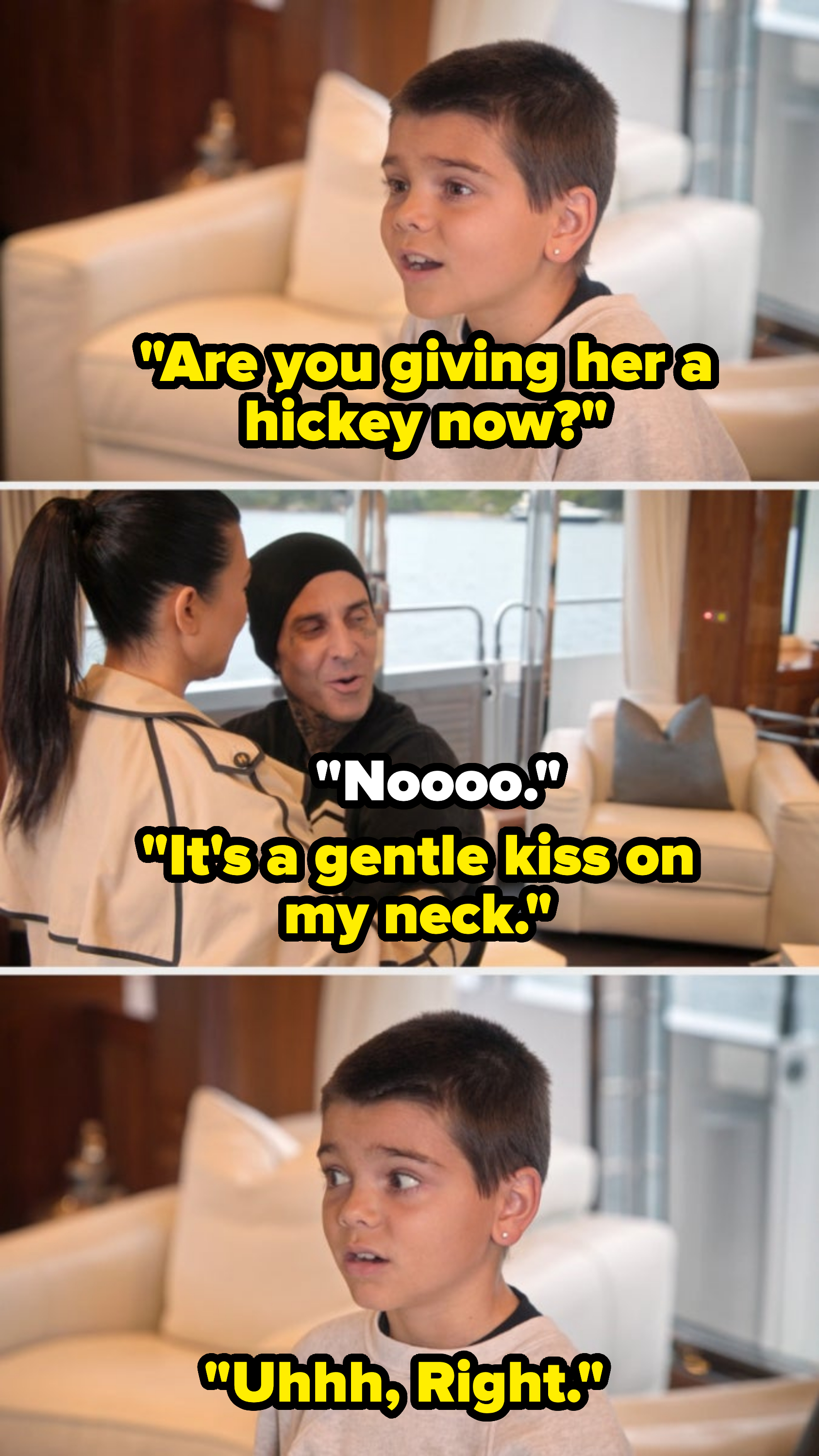 Boy with short hair and an earring is seated in a living room. Adult man embraces a woman from behind in the same room. (Names not known)