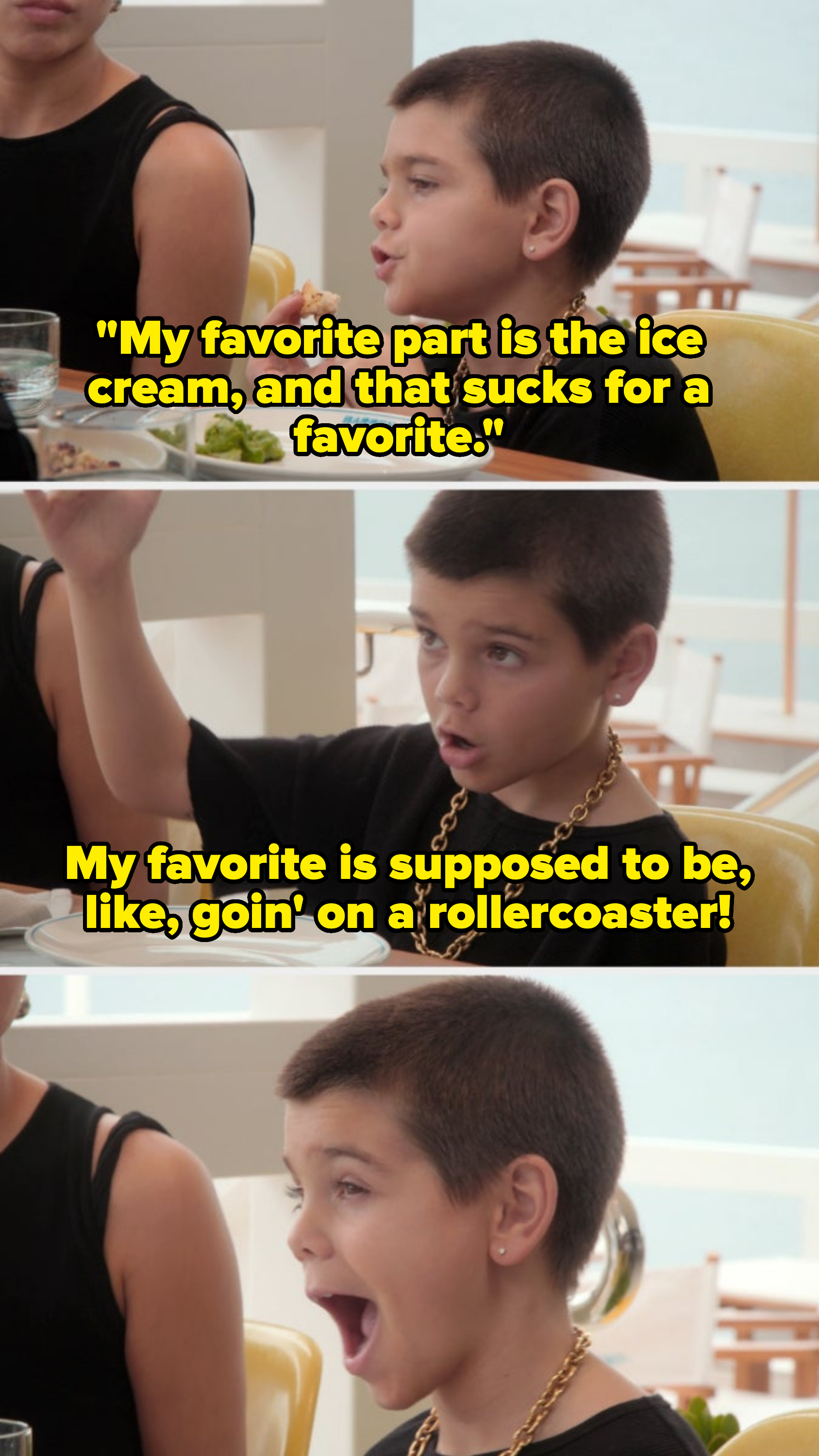 Three photos of a young boy with short hair, wearing a gold chain and black shirt, eating and reacting animatedly at a dining table