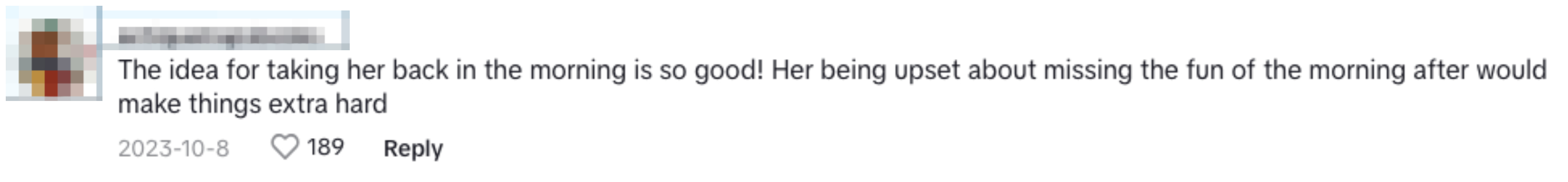 Comment that reads &quot;The idea for taking her back in the morning is so good! Her being upset about missing the fun of the morning after would make things extra hard&quot;