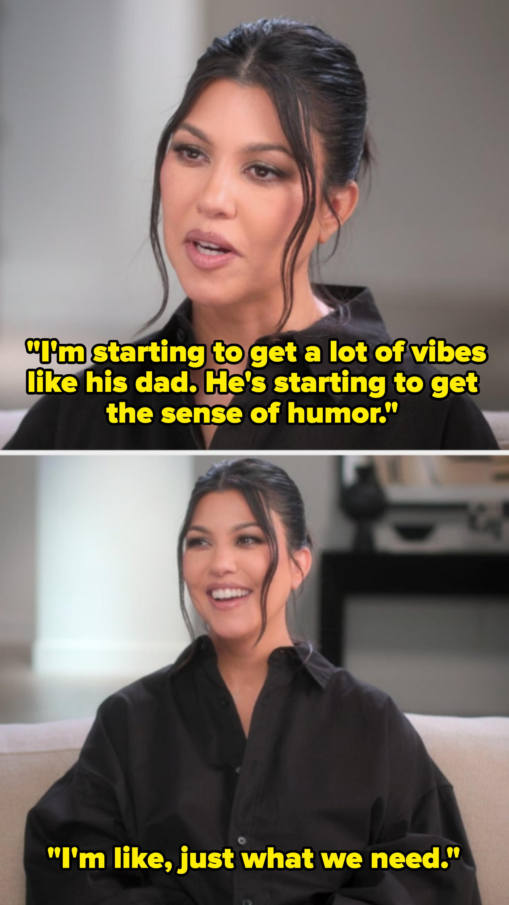 Kourtney Kardashian sits for an interview, wearing a black button-up shirt and her hair styled in a bun with loose strands framing her face