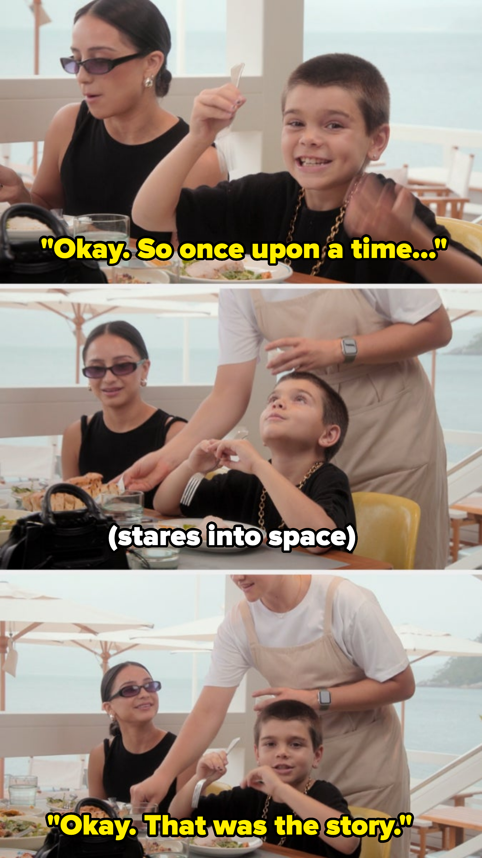 Three people dining outdoors, with one woman and a boy in the first two images. The woman wears a sleeveless top and sunglasses, the boy wears a T-shirt and sports a short haircut