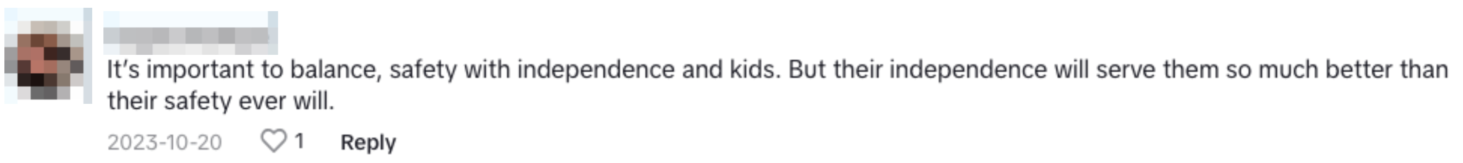 Comment that reads &quot;It's important to balance safety with independence and kids. But their independence will serve them so much better than their safety ever will.&quot;