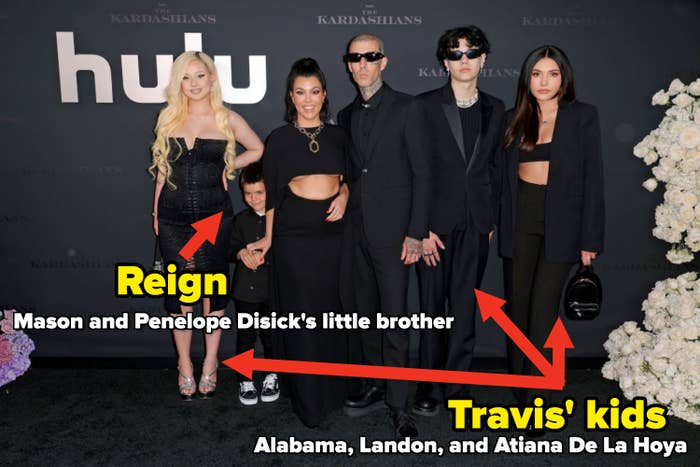 Group photo of Kourtney Kardashian, Travis Barker, Alabama Barker, Reign Disick, Landon Barker, and Atiana De La Hoya on a black carpet, dressed in stylish black outfits