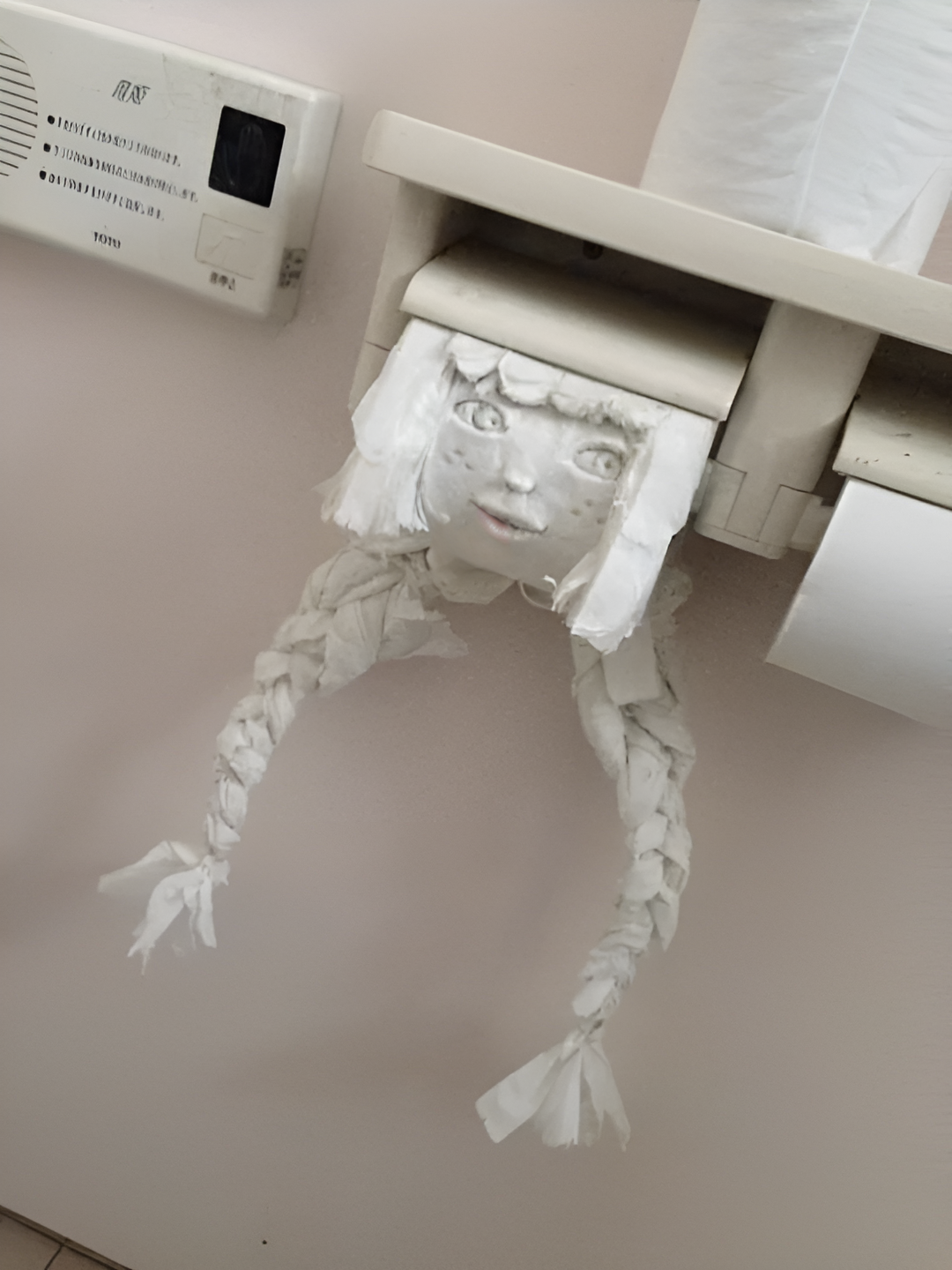 Toilet paper roll holder decorated with a face and braided hair made from toilet paper, resembling a whimsical character